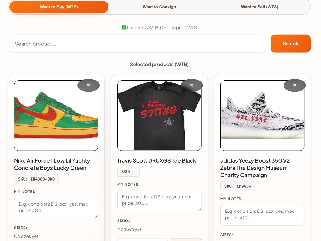SourcerList selected products WTB
